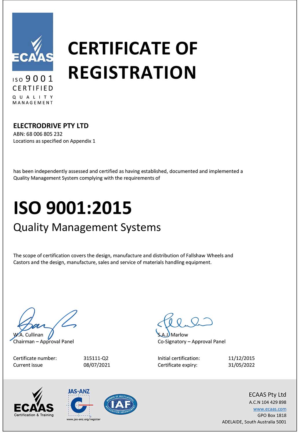 Electrodrive Certificate of registration ISO9001:2015