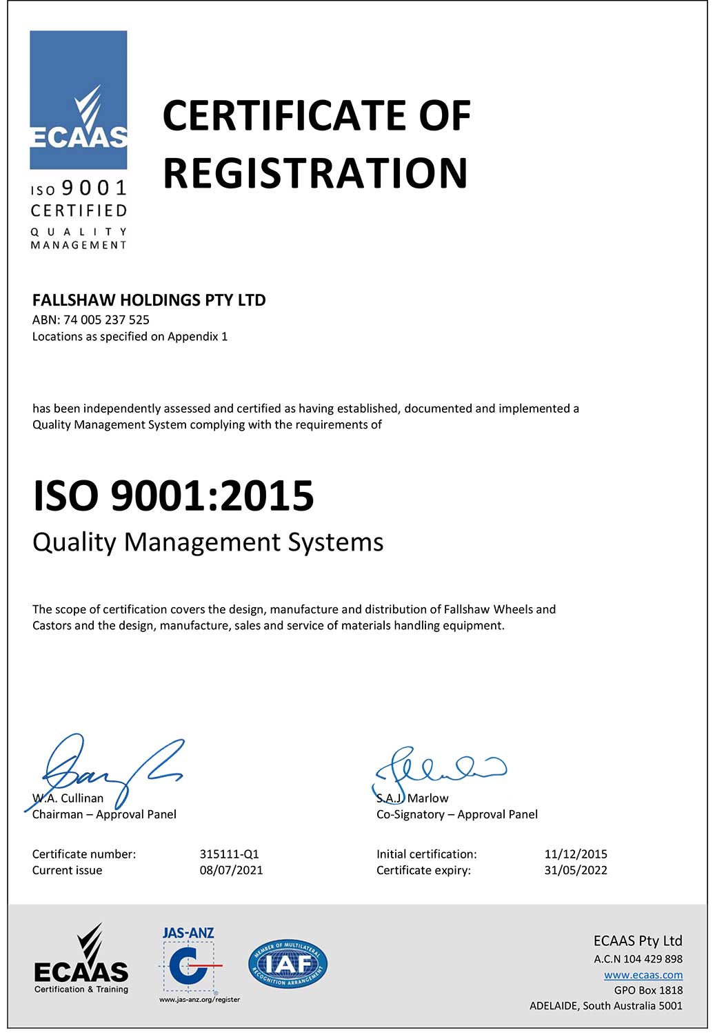 Fallshaw Certificate of registration ISO9001:2015